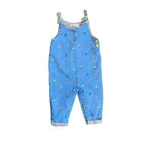 Mini Boden Flower Embroidered Denim Overalls with Liberty Print Lining